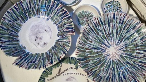 Blue, white and green stripy plates seen from above and created by Peter Curtis, Millbrook Pottery